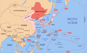 Location of Manchukuo (red) within Imperial Japan's sphere of influence (1939) Manchukuo map 1939.svg