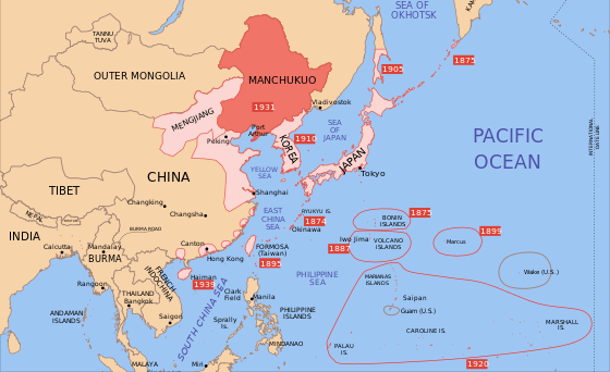 Location of Manchukuo (red) within Imperial Japan's sphere of influence (1939)