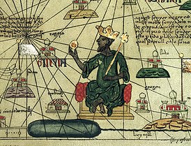 Mansa Musa holder en gullklump (bilde fra Catalan Atlas)