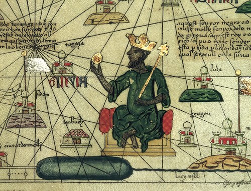 The wealth of the Mali Empire; here Mansa Musa is depicted holding a gold nugget from the 1375 Catalan Atlas, which led the French to pursue colonizat