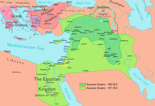 Assyrië in 671 v.Chr. na de verovering van Egypte. Merk op dat Juda volgens de Hebreeuwse Bijbel nog een vazalstatus wist te behouden, terwijl Israël werd geannexeerd[1]