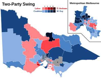 Change in Two-Party-Preferred vote by electorate compared to 2018. Map of Change in Two-Party-Preferred Vote in Victorian Election 2022.svg