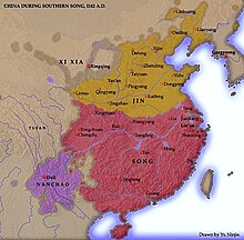 Mapa ukazující rozsah říší Sung, Ťin, Si Sia a Nan-čao poté, co říše Sung ztratila severní Čínu ve prospěch říše Ťin. Říše Sung zahrnuje vlastní Čínu jižně od řeky Chuaj, říše Ťin zahrnuje čínská území severně od řeky Chuaj a Mandžusko, říše Si Sia leží západně od říše Ťin v Ordosu a Kan-su, říše Nan-čao leží jihozápadně od sungského území v dnešním Jün-nanu.