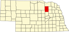 Location of Antelope County in Nebraska Map of Nebraska highlighting Antelope County.svg