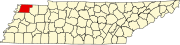 Hartă a statului Tennessee indicând comitatul Obion