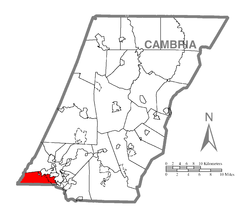 Mapa Cambria County, Pensylvánie se zvýrazněním Upper Yoder Township