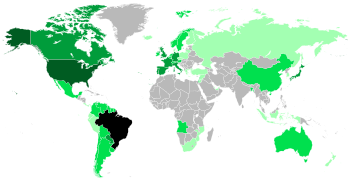 A world map showing the estimated distribution and concentration of people of Brazilian descent or ancestry by country.
.mw-parser-output .col-begin{border-collapse:collapse;padding:0;color:inherit;width:100%;border:0;margin:0}.mw-parser-output .col-begin-small{font-size:90%}.mw-parser-output .col-break{vertical-align:top;text-align:left}.mw-parser-output .col-break-2{width:50%}.mw-parser-output .col-break-3{width:33.3%}.mw-parser-output .col-break-4{width:25%}.mw-parser-output .col-break-5{width:20%}@media(max-width:720px){.mw-parser-output .col-begin,.mw-parser-output .col-begin>tbody,.mw-parser-output .col-begin>tbody>tr,.mw-parser-output .col-begin>tbody>tr>td{display:block!important;width:100%!important}.mw-parser-output .col-break{padding-left:0!important}}
.mw-parser-output .legend{page-break-inside:avoid;break-inside:avoid-column}.mw-parser-output .legend-color{display:inline-block;min-width:1.25em;height:1.25em;line-height:1.25;margin:1px 0;text-align:center;border:1px solid black;background-color:transparent;color:black}.mw-parser-output .legend-text{}
Brazil
+ 1,000,000
+ 100,000
+ 10,000
+ 1,000
No data Map of the Brazilian Diaspora in the World.svg