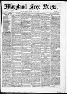 Front page of the Maryland Free Press (Hagerstown, Md.), October 13, 1862. Via Chronicling America Maryland free press. (Hagerstown Md.) October 31, 1862.jpg