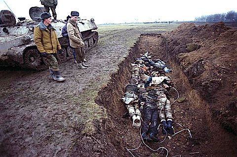 A mass grave in Chechnya during the Second Chechen War. Chechen exiles accused the Russian military of committing genocide.