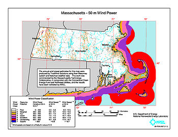 Massachusetts and Rhode Island have strong offshore wind resources. Massachusetts wind resource map 50m 800.jpg