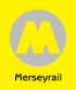 A yellow "M" over a grey circle with "Merseyrail" underneath. The background is yellow.