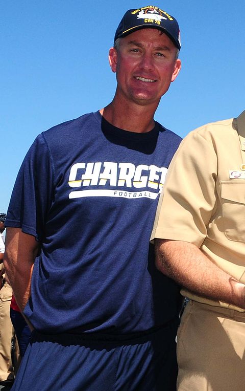Color photograph of tall white man (Mike McCoy), wearing a midnight blue San Diego Chargers t-shirt, matching practice shorts, and navy blue baseball cap emblazoned with "USS Ronald Reagan".