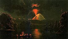 Dipinto di un vulcano conico in eruzione di notte dal lato.