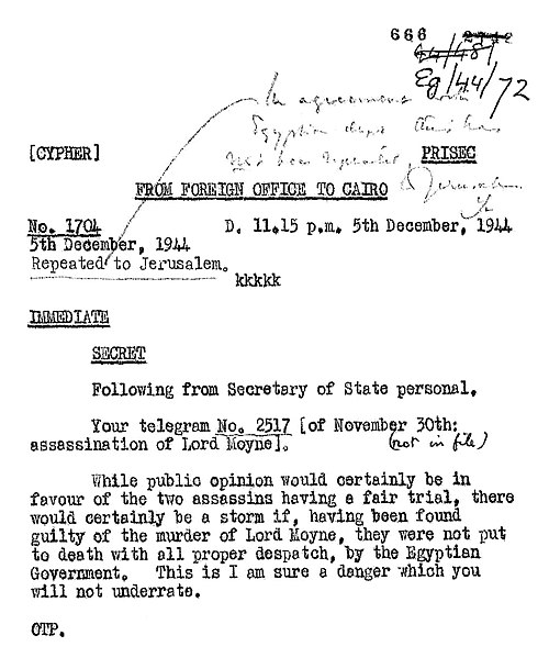 Telegram sent to Cairo regarding the execution of the assassins of Lord Moyne