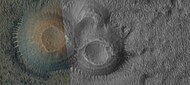 Close view of mud volcanoes, as seen by HiRISE Low area around the volcanoes contains transverse aeolian ridges (TAR's). Only part of picture is in color because HiRISE only takes a color strip in middle of image.