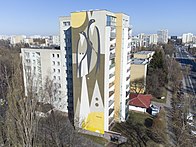 Mural Jaskółki autorstwa Igora Chołdy (Aqualoopy) znajdujący się na bloku przy ul. Nutki 1