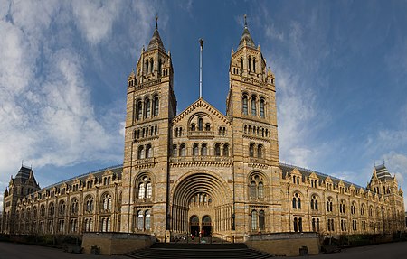 The Natural History Museum, shown in wide-angle view here, has an ornate terracotta facade by Gibbs and Canning Limited typical of high Victorian architecture. The terracotta mouldings represent the past and present diversity of nature. Natural History Museum London Jan 2006.jpg