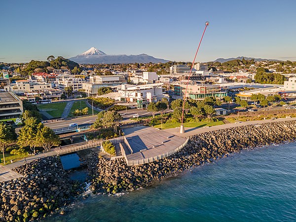 New Plymouth city skyline looking south from the foreshore with Mount Taranaki on the horizon.