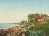 Kystparti med stenet strandbred samt fiskerhuse, 1894