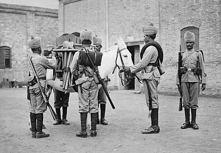Soldiers of No 2 Field Company, Bombay Sappers and Miners on duty in China in 1900. The mule carries the tools required for field engineering tasks.