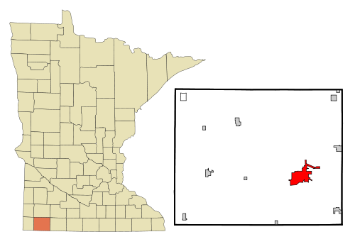 Location of the city of Worthington within Nobles County in the state of Minnesota