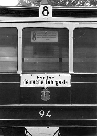 Nur für deutsche Fahrgäste ("Only for German Passengers"), a Nazi slogan used in occupied territories, mainly posted at entrances to parks, cafes, cinemas, theatres and other facilities.