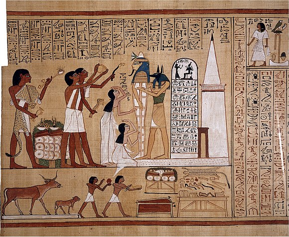 Illustration from the Book of the Dead of Hunefer showing the Opening of the Mouth ceremony being performed before the tomb