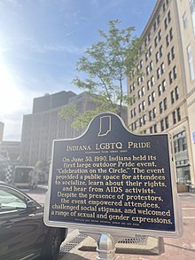 Side Two of the Indiana Historical Marker (Installed 2022) commemorating the origins of Pride. Located on Monument Circle in Indianapolis. Origins of Indiana Pride Marker (Side 2).jpg
