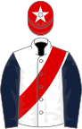 White, red sash, dark blue sleeves, red cap, white star