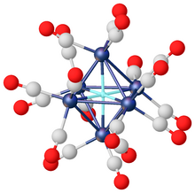 Structure of
[HRu6(CO)18], a metal cluster with an interstitial hydride ligand (small turquoise sphere at center). PAHCRU.png