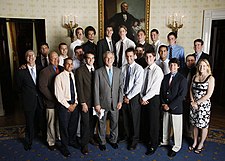 The Nittany Lions team, coaches, and staff are honored at the White House by President of the United States George W. Bush in June 2008 for winning the 2008 national championship. PSU volleyball at the WH.jpg