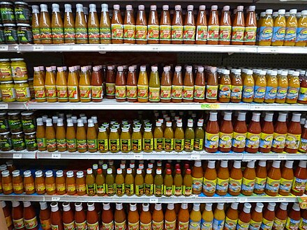 Pepper sauces, pepper sauces and more pepper sauces in a supermarket