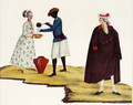 Vendedor negro vendendo leite a uma senhora e homem vestido de casaco longo, peruca e chapéu.