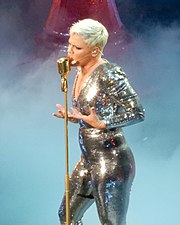 Pink performing in New York City in April 2018 Pink at Madison Square Garden (40532526914).jpg