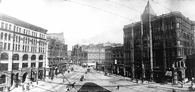 Looking north, with just the north tip of the park showing, March 14, 1899. Photo by Arthur Clarence Pillsbury. Annotated.