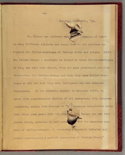 Political address by Theodore Roosevelt through which the bullet passed when the attempt was made to assassinate him at Milwaukee in 1912