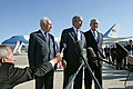 President George W. Bush speaks to the media as he stands with President Shimon Peres and Prime Minister Ehud Olmert.jpg