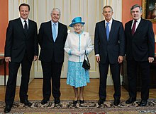Major with Queen Elizabeth II, Prime Minister David Cameron, and former prime ministers Tony Blair and Gordon Brown Queen Elizabeth II with her British Prime Ministers, Diamond Jubilee 2012.jpg