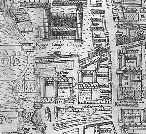 Richard Lyne, 1574: Map of Cambridge, detail of site of Whitefriars church, N. of Queens' College Queens-Cambridge-Whitefriars-Lyne1574.jpg