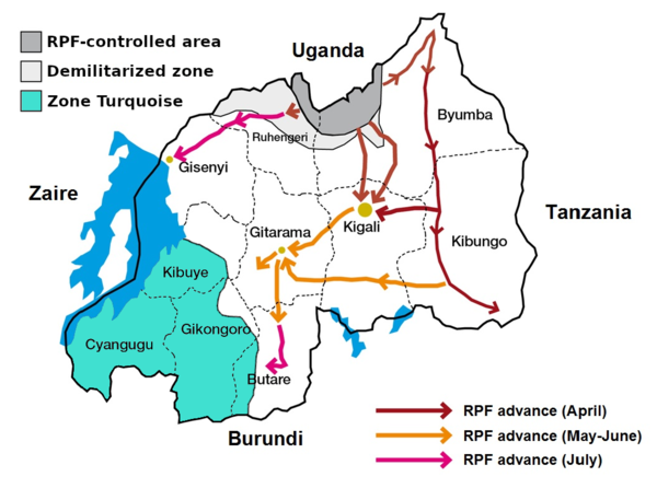 Map showing the advance of the RPF during the Rwandan genocide of 1994