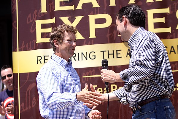 Senators Rand Paul (R) and Ted Cruz (R), both members of the Senate's informal Tea Party Caucus, address a Tea Party Express rally.