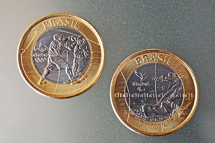 Commemorative R$1 coins honouring the 2016 Summer Olympics and Paralympics.