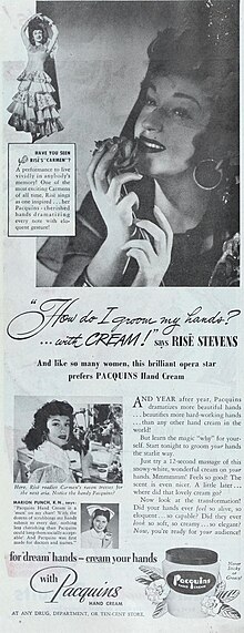 Stevens as Carmen in an advertisement for Pacquins Hand Cream, Ladies' Home Journal, March 1948