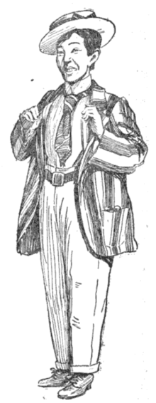 A sketch of a smiling young Japanese woman wearing a boater hat, striped blazer, necktie, belted trousers, and tied shoes, hands holding the lapels