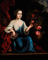 An Unknown Girl in Blue, holding a Rose and Honeysuckle