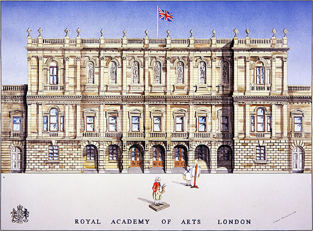 A modern illustration of Burlington House in London, home of the Royal Academy of Arts since 1868