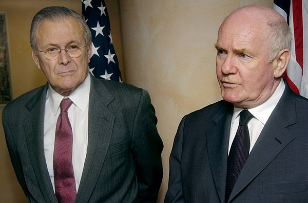 Reid and United States Secretary of Defense Donald Rumsfeld answer press questions in Taormina, Sicily (9 February 2006)