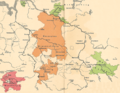 Saxony in 1180 with the Ascanian duchies in Saxony around 1235 (green). The former stem Duchy of Saxony is in gold with the official electorate duchy of Saxe-Wittenberg in green in the South East. Also shown is Saxe-Lauenburg in North West and the Welf Duchies of Brunswick-Luneburg in orange.