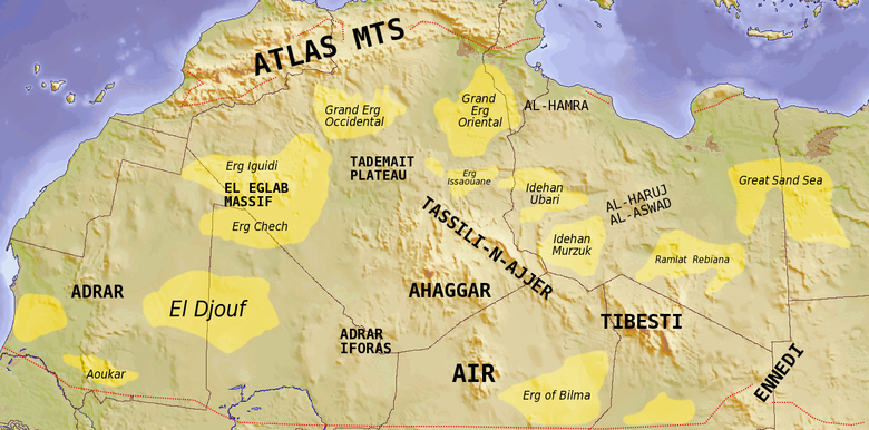 The major topographic features of the Saharan region