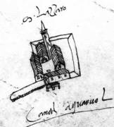 Dessin à l'encre montrant une petite île carrée avec plusieurs bâtiments, un clocher et un ponton.